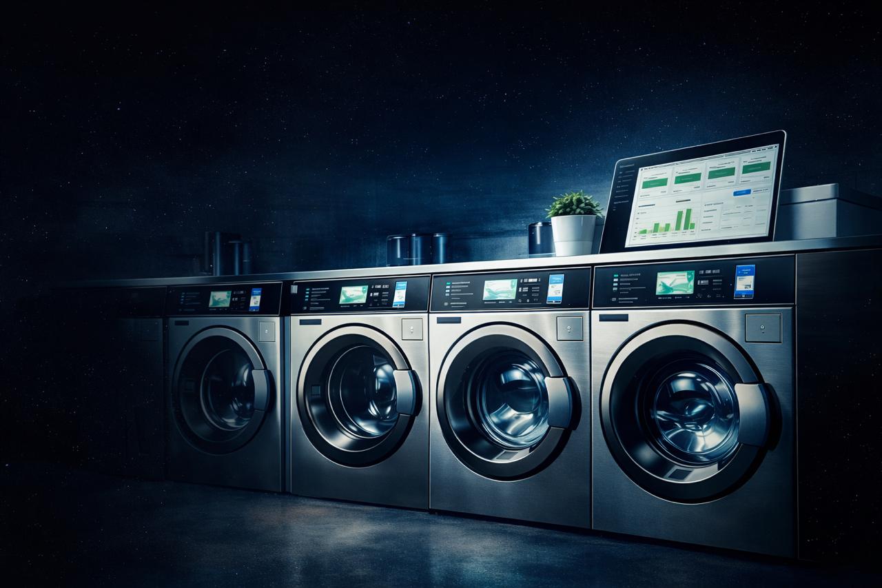 Painel de controle Nodecontrol monitorando máquinas de lavanderia